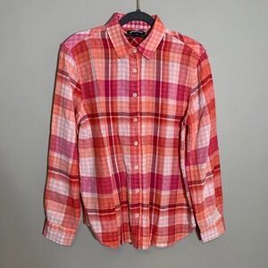 Lands' End Womens‎ Plaid Button Up Shirt Orange Pink Long Sleeve Size 8P